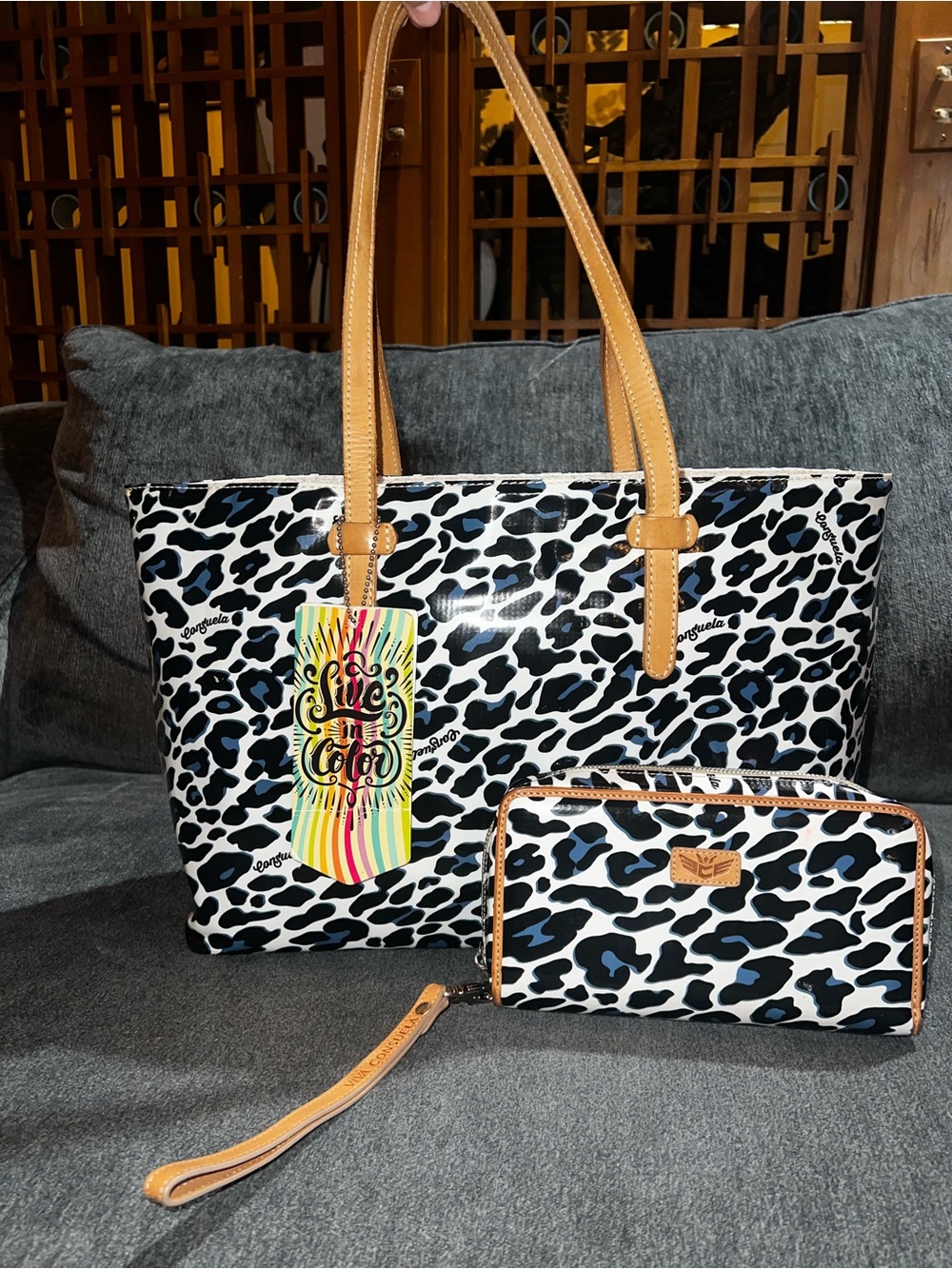 Consuela Black & White Leopard Tote with Tan Handles and Matching Wallet